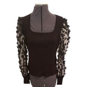 Women’s Black Ribbed Knit Top with Sheer Floral Mesh Sleeves Size Large